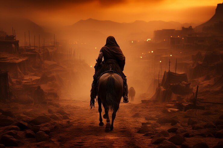soldato a cavallo in campo di battaglia con volto nascosto Concetto di giorno di Ashura