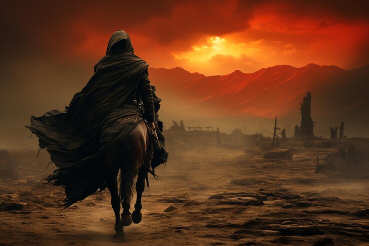 soldato a cavallo in campo di battaglia con volto nascosto Concetto di giorno di Ashura