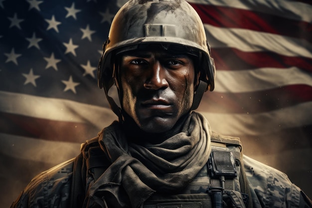 soldato americano sullo sfondo scuro bandiera americana