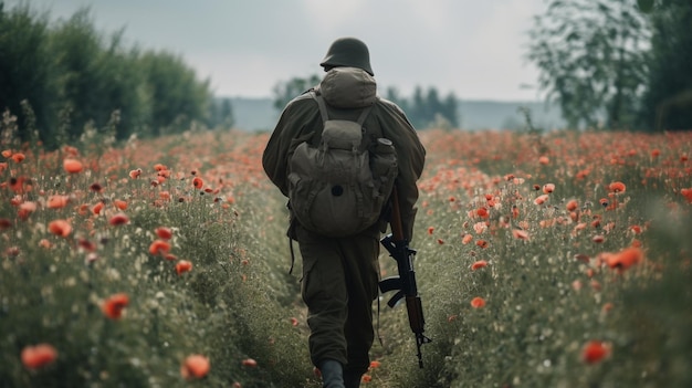 Soldato che cammina in un campo di papaveri IA generata