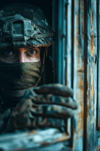 Soldato che guarda fuori da una finestra