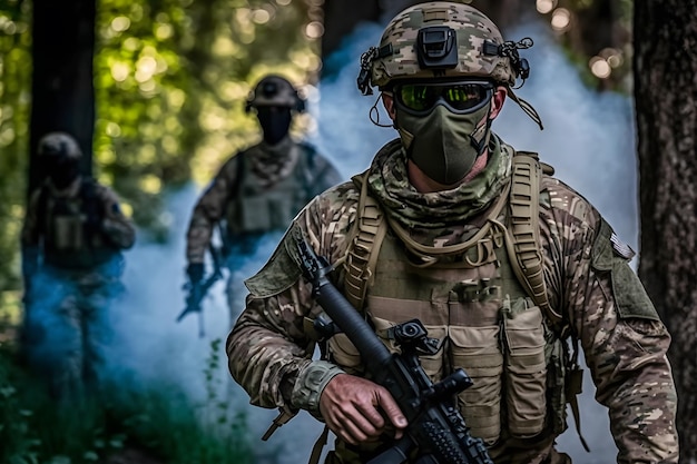 Soldato completamente equipaggiato in uniforme mimetica che emerge da uno sbuffo di fumo nel mezzo di una pineta Rete neurale generata dall'intelligenza artificiale