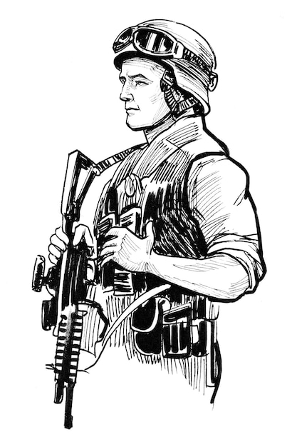 Soldato con fucile automatico. Disegno a inchiostro in bianco e nero
