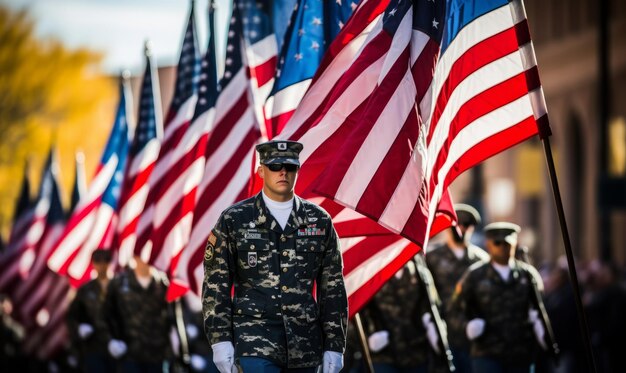 Soldato con la bandiera americana Giorno dei veterani