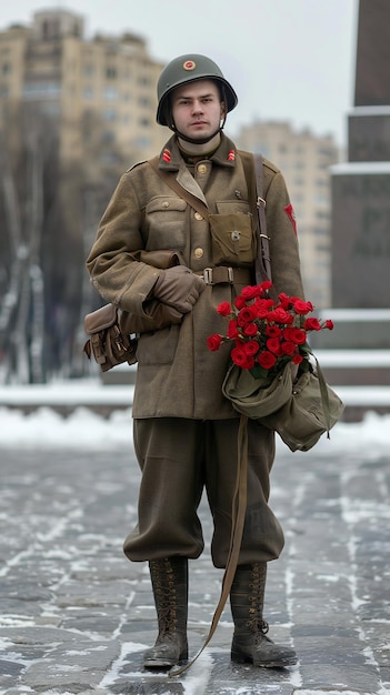 Soldato con le rose rosse in inverno sfondo urbano momento emotivo