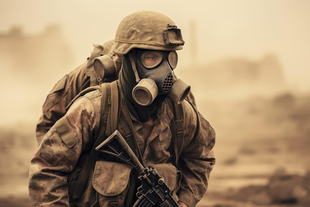 Soldato con maschera antigas con mitragliatrice sullo sfondo nebbioso della guerra Un soldato militare che porta un altro soldato sulla spalla su un viso sul campo di battaglia coperto da una maschera Generata dall'AI