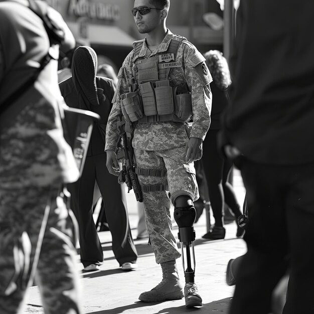 soldato con una gamba protetica in città Closeup