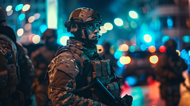 Soldato concentrato in un ambiente notturno urbano ritratto di personale militare con luci bokeh perfetto per i veterani contenuto AI