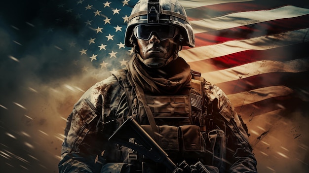 Soldato davanti a una bandiera americana che trasmette l'idea di patriottismo e servizio militare