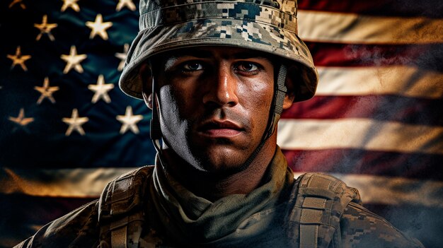 soldato dell'esercito americano in uniforme davanti alla bandiera generativa AI