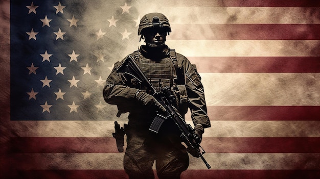 Soldato dell'esercito con la bandiera degli Stati Uniti Generativo ai