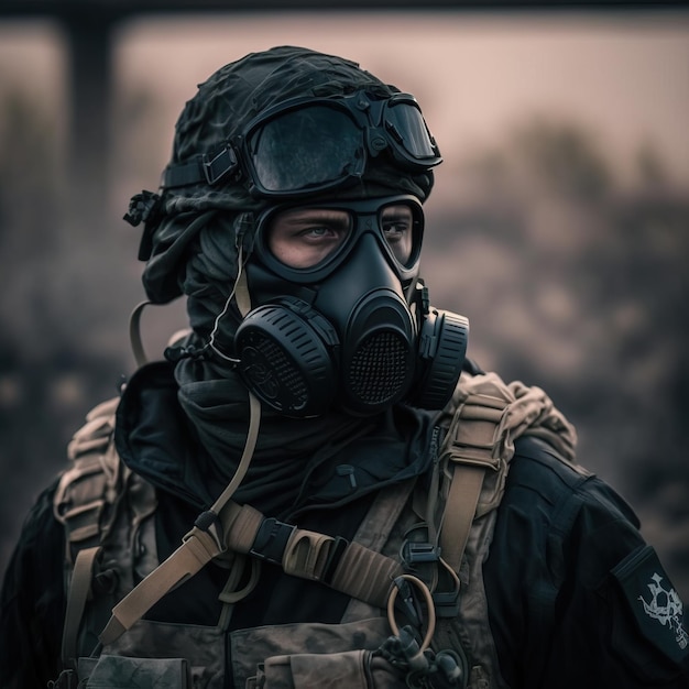 Soldato dell'esercito in uniforme da combattimento con portapiatti per fucile d'assalto e foto d'azione del casco da combattimento