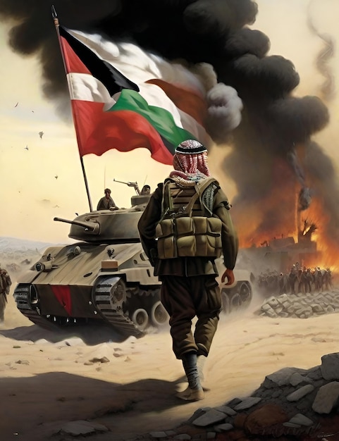Soldato della seconda guerra mondiale sullo sfondo di un carro armato con una bandiera del Kuwait