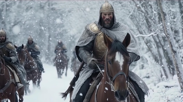 Soldato di cavalleria ottomano in una foresta in inverno IA generativa