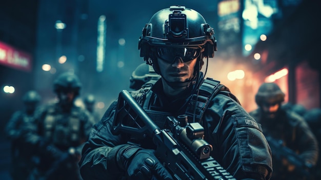 Soldato durante una missione segreta delle forze speciali Generative AI