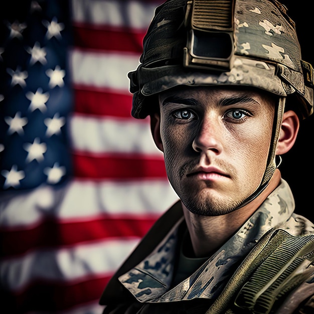 Soldato e bandiera degli Stati Uniti in background Sullo sfondo dell'alba Concetto di festività nazionali Vete