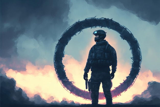 Soldato in piedi e guardando l'enorme portale di fuoco circolare che galleggia nel cielo in stile arte digitale illustrazione pittura concetto di fantasia di un soldato vicino al portale