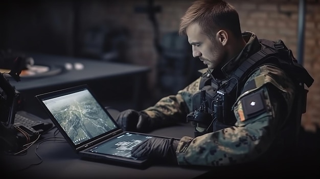 Soldato in uniforme analizza i dati su un tablet e elabora tattiche di droni in una base temporanea