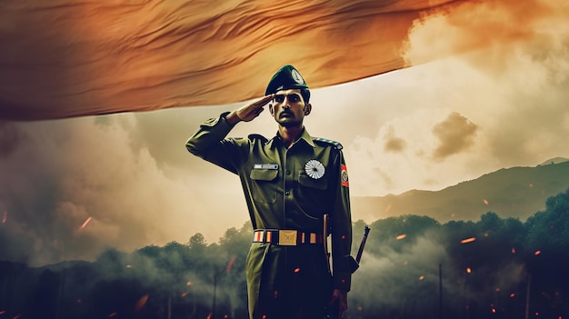 Soldato indiano che saluta con la bandiera indiana sullo sfondo