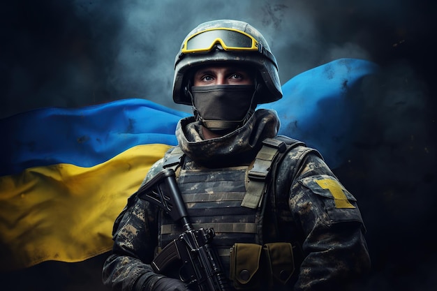 Soldato militare con bandiera ucraina