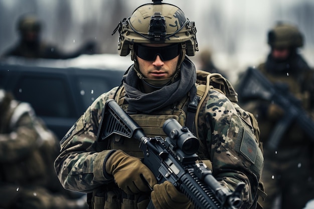 Soldato Nato in completo equipaggiamento da combattimento vicino a un veicolo blindato nella generazione AI invernale