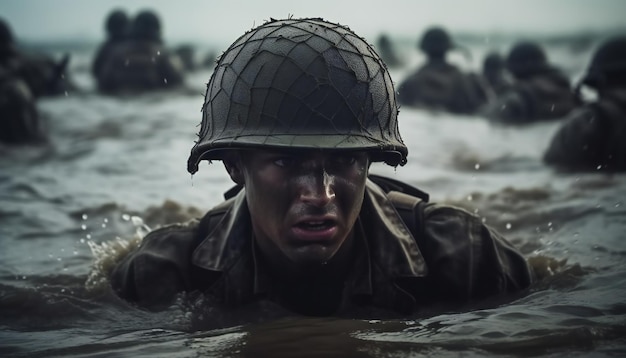 Soldato nell'acqua che lotta tra gli altri soldati