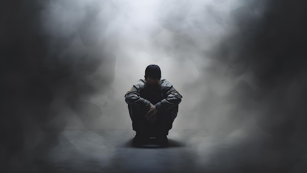Soldato seduto sul pavimento circondato da nebbia o fumo Concetto di disturbo da stress post-traumatico Rete neurale generata nel maggio 2023 Non basata su scene o schemi di persone reali