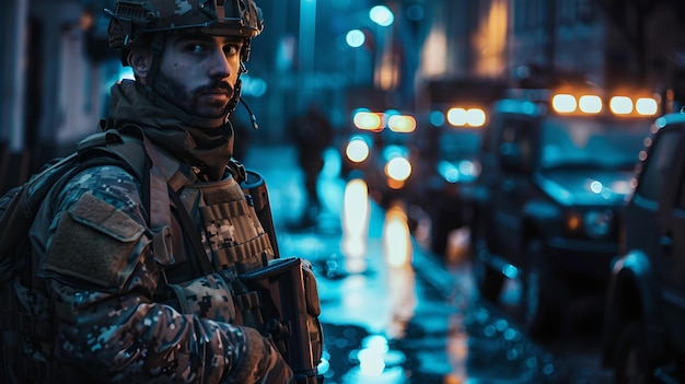 Soldato serio in un ambiente notturno urbano, sguardo focalizzato, missione pronta, stile cinematografico ideale per la rappresentazione della guerra moderna.