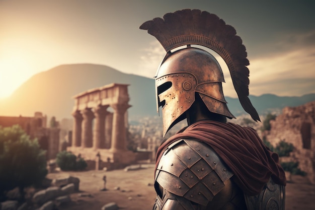Soldato spartano e monumento greco sullo sfondo AI