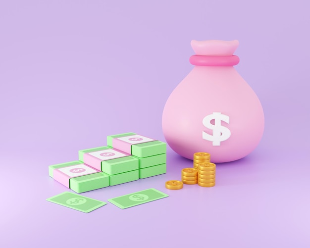 Soldi borsa monete pila e banconote 3D Concetto di denaro 3d rendering illustrazione