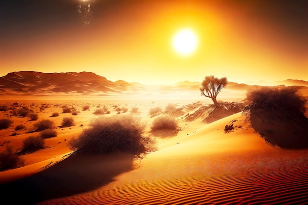 Sole che si estende oltre l'orizzonte e dune del deserto caldo e secco