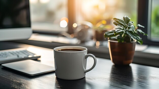 Sole che sorge su un tavolo di legno nero con un computer, un telefono e una tazza di caffè