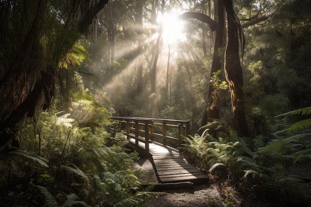 Sole che splende attraverso il baldacchino della foresta con il percorso delle papere visibile sotto creato con intelligenza artificiale generativa