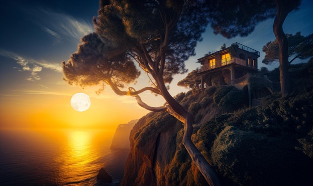 Sole che tramonta sul mare Casa accogliente con luce accesa nelle finestre sulla roccia ricoperta di alberi e cespugli IA generativa