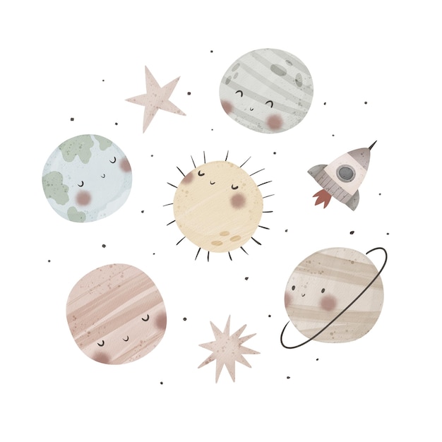 sole dei cartoni animati pianeti pianeta terra nave spaziale stelle illustrazione colorata per bambini stile piatto