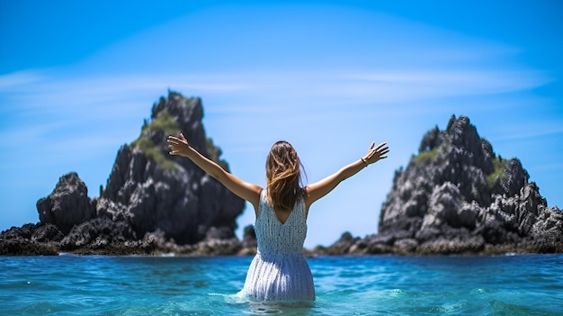 Sole e mare Donna su una roccia nel mare Prepara lo scenario per il relax estivo