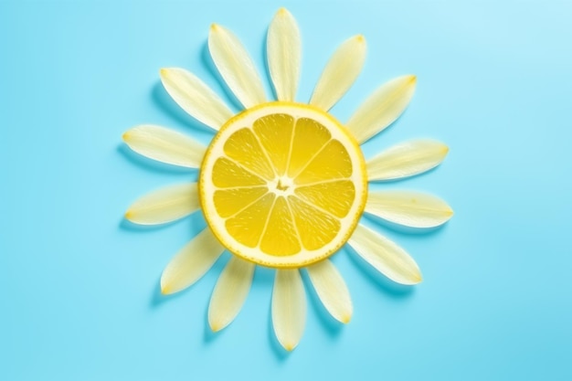 Sole fatto di limoni e petali di fiore su sfondo blu