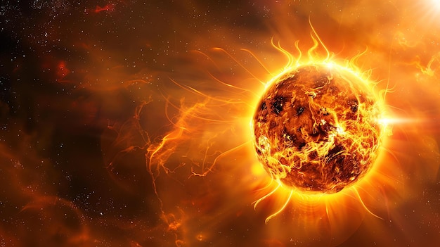 Sole luminoso con eruzioni solari e macchie solari La superficie del sole è una massa agitata di plasma caldo con macchie luminose e macchie scure