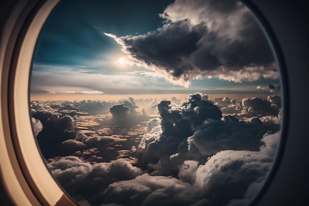 Sole nuvoloso cielo fuori dal finestrino dell'aereo IA generativa