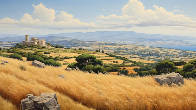 Soleggiata isola greca pittura a olio realistica di un vasto campo di grano