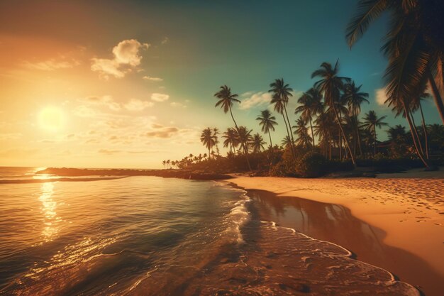 Soleggiata spiaggia esotica sull'oceano con palme al tramonto vacanze estive al mare fotografia