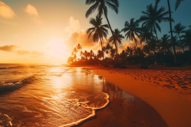 Soleggiata spiaggia esotica sull'oceano con palme al tramonto vacanze estive al mare fotografia