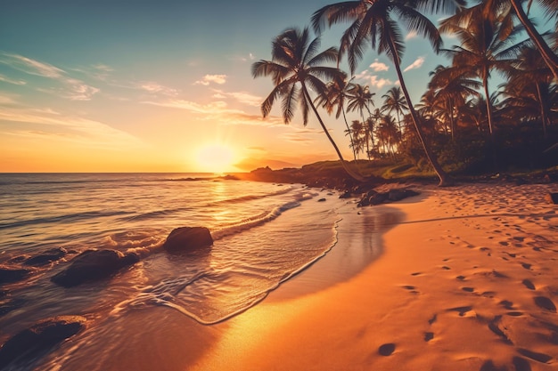 Soleggiata spiaggia esotica sull'oceano con palme al tramonto vacanze estive al mare fotografia