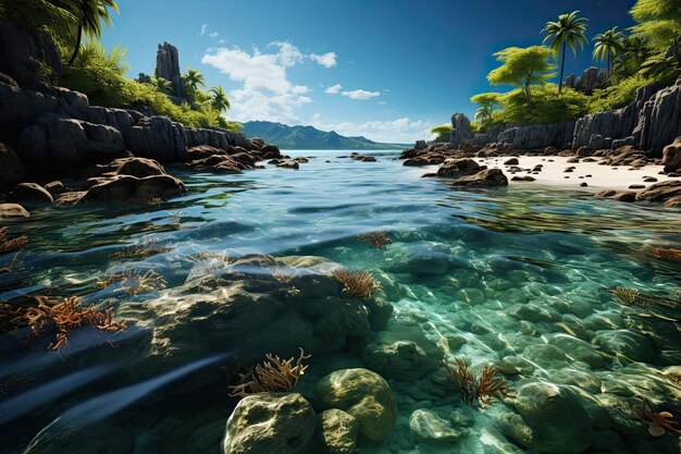 Soleggiata spiaggia estiva con palme tropicali per le vacanze