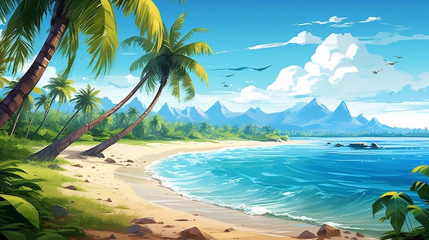 soleggiata spiaggia tropicale con foglie di palma e isola paradisiaca