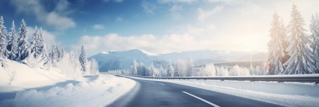 Soleggiata strada invernale ricoperta di neve IA generativa