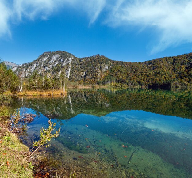 Soleggiato idilliaco colorato autunno vista alpina Tranquillo lago di montagna con acque limpide e trasparenti e riflessi Lago Almsee Alta Austria
