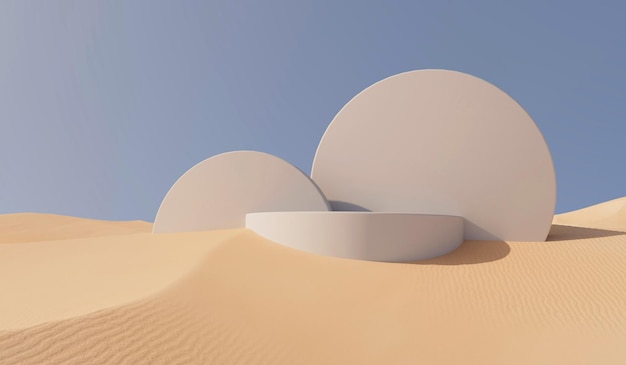 Soleggiato paesaggio di sabbia del deserto con rendering 3D del podio del posizionamento del prodotto