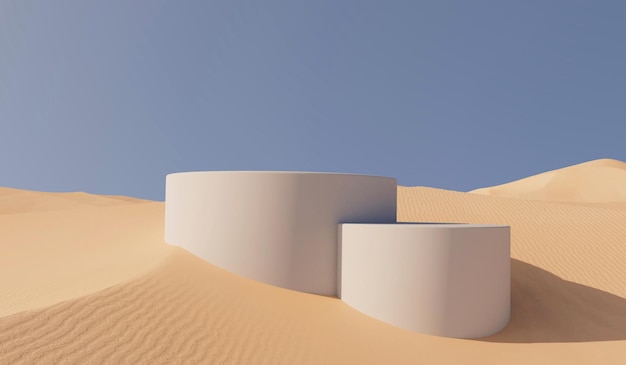 Soleggiato paesaggio di sabbia del deserto con rendering 3D del podio del posizionamento del prodotto