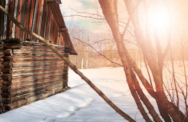 Soleggiato paesaggio invernale casa di tronchi wal